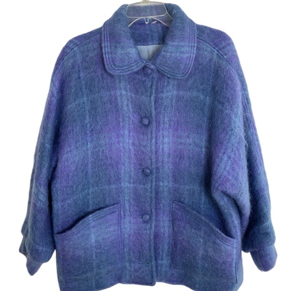 VTG Freedom Wear Irish Mohair Wool Coat Jacket Sz Medium Plaid Purple Periwinkle - Picture 4 of 16